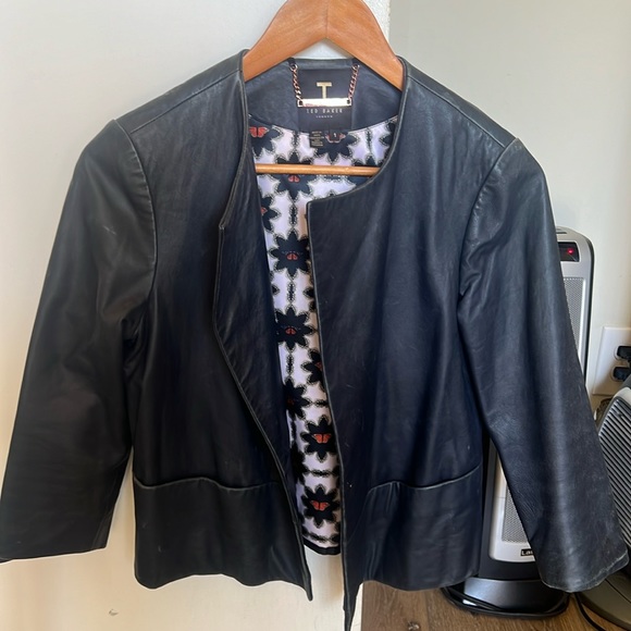 Ted Baker navy leather bomber jacket size 1/XS - Picture 1 of 6